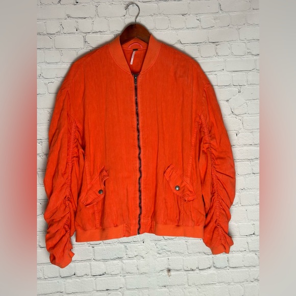 Free People Ruched Linen bomber orange Jacket - Picture 4 of 13